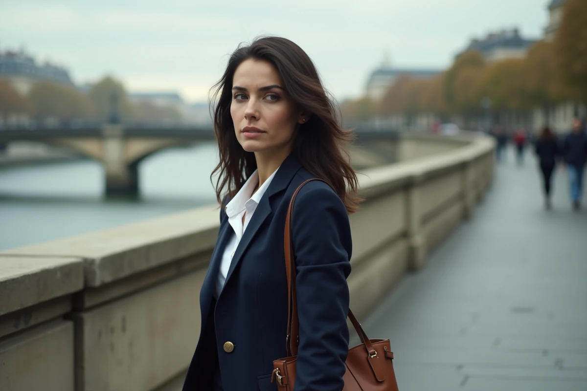 Elegante vrouw die over de kades van de Seine in Parijs wandelt, peinzende blik, romantische en introspectieve sfeer