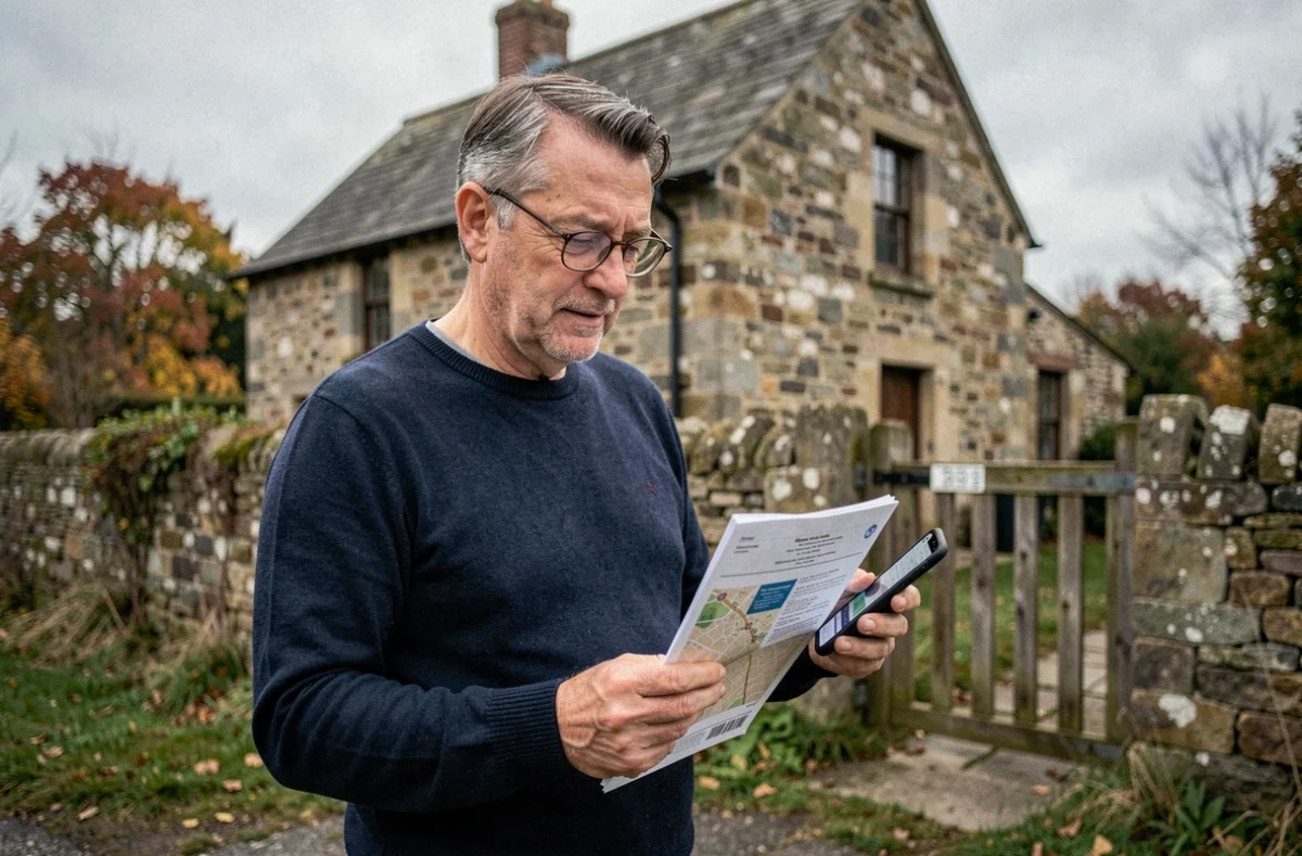 Propriétaire devant une ferme en pierre comparant un plan cadastral et une carte numérique pour identifier l'adresse postale du bien