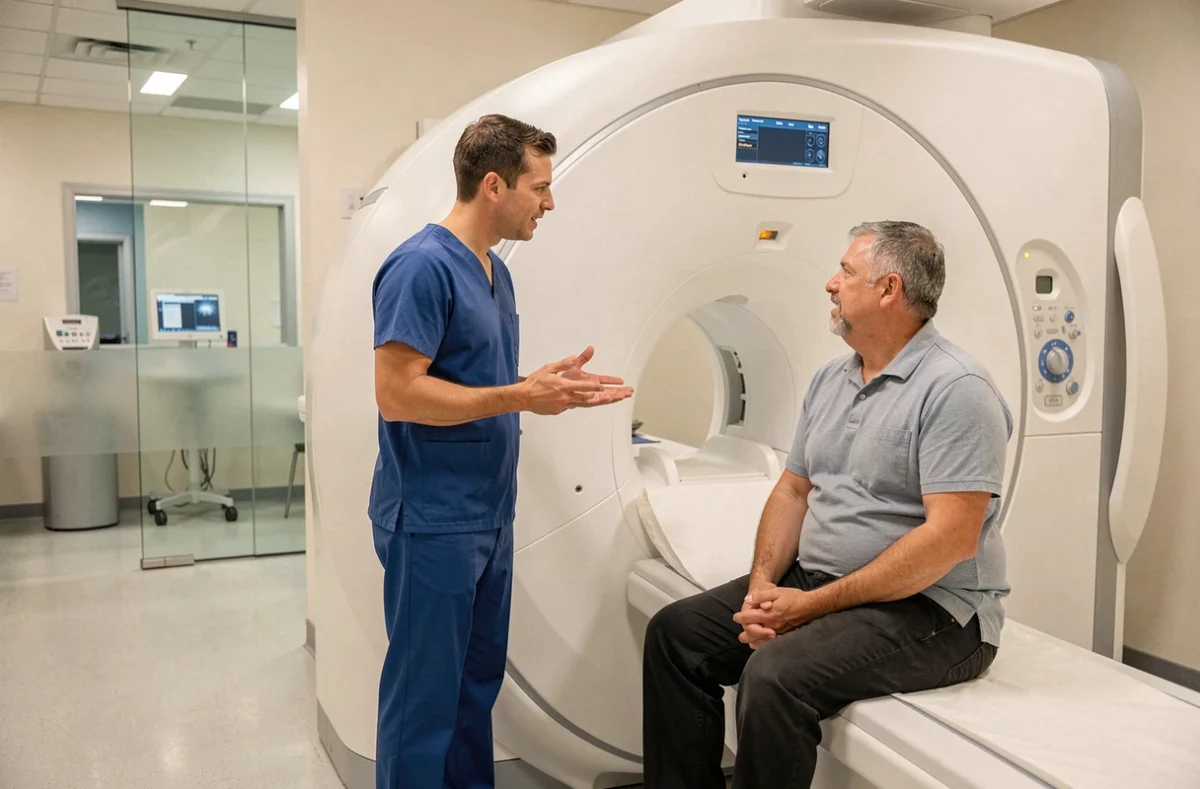 Radiologue rassurant un patient avant un examen IRM ouvert dans un centre de radiologie moderne