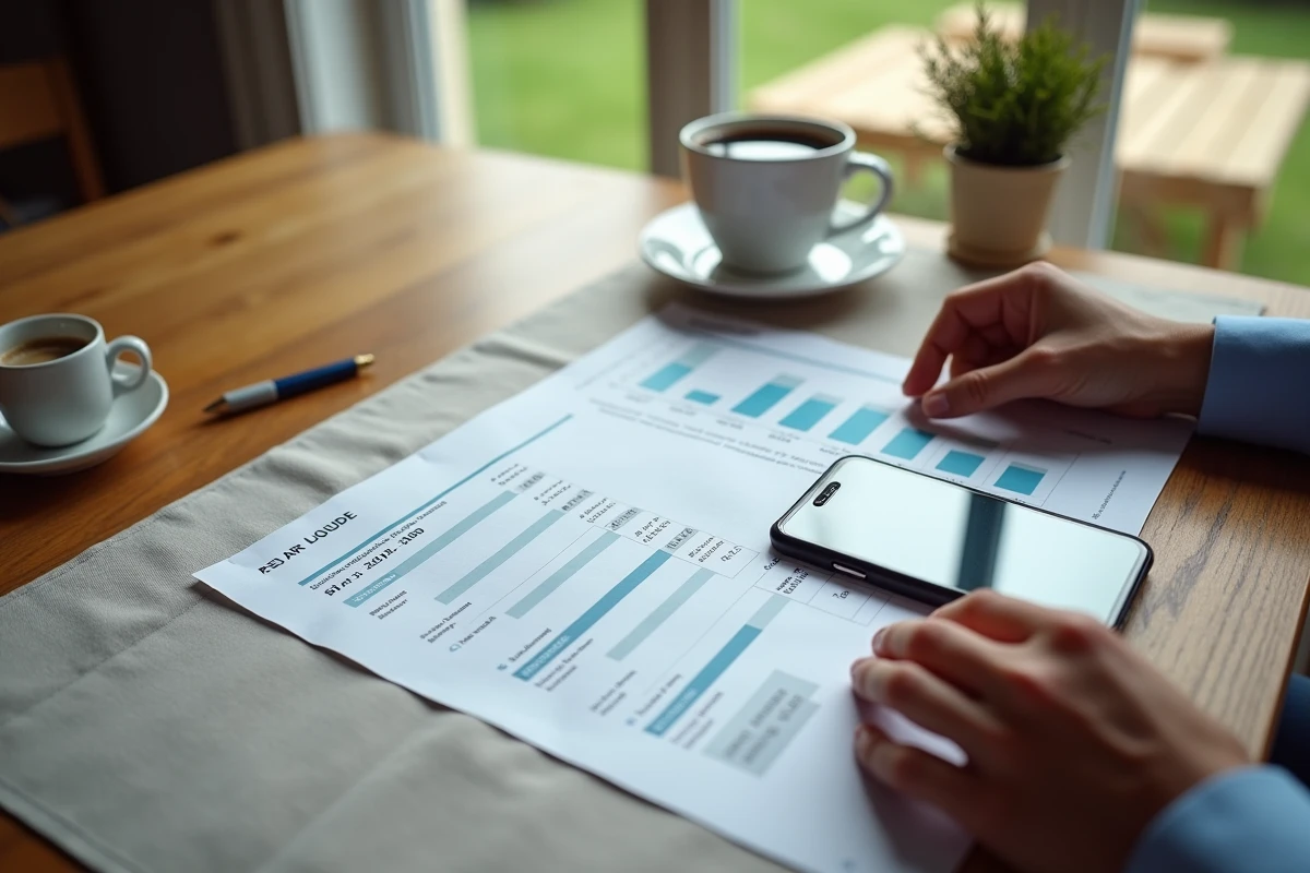 Mains tenant un relevé financier d'Air Liquide sur une table de cuisine avec smartphone affichant un portefeuille d'investissement