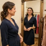 Femme parisienne découvrant son nouveau look dans une cabine d'essayage chic lors d'un relooking à Paris