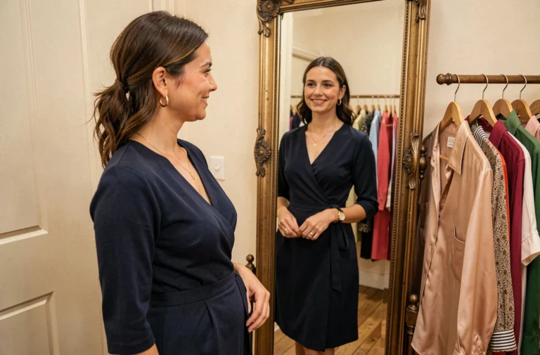 Femme parisienne découvrant son nouveau look dans une cabine d'essayage chic lors d'un relooking à Paris