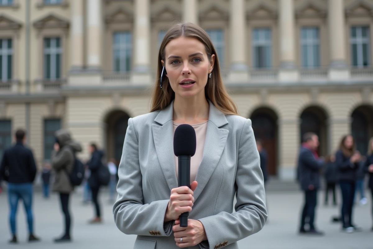 Journaliste reporter en direct devant un bâtiment gouvernemental européen lors d'un point presse officiel