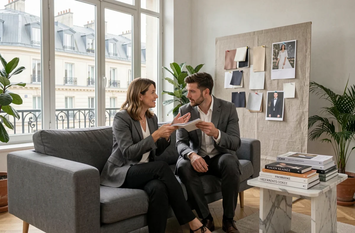 Styliste parisienne et client masculin analysant des conseils de mode lors d'une séance de relooking professionnel