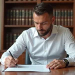 Homme signant un document de levée d'hypothèque dans un bureau de notaire professionnel