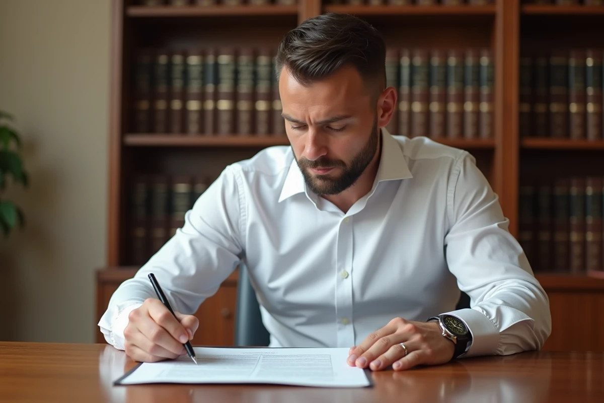 Homme signant un document de levée d'hypothèque dans un bureau de notaire professionnel