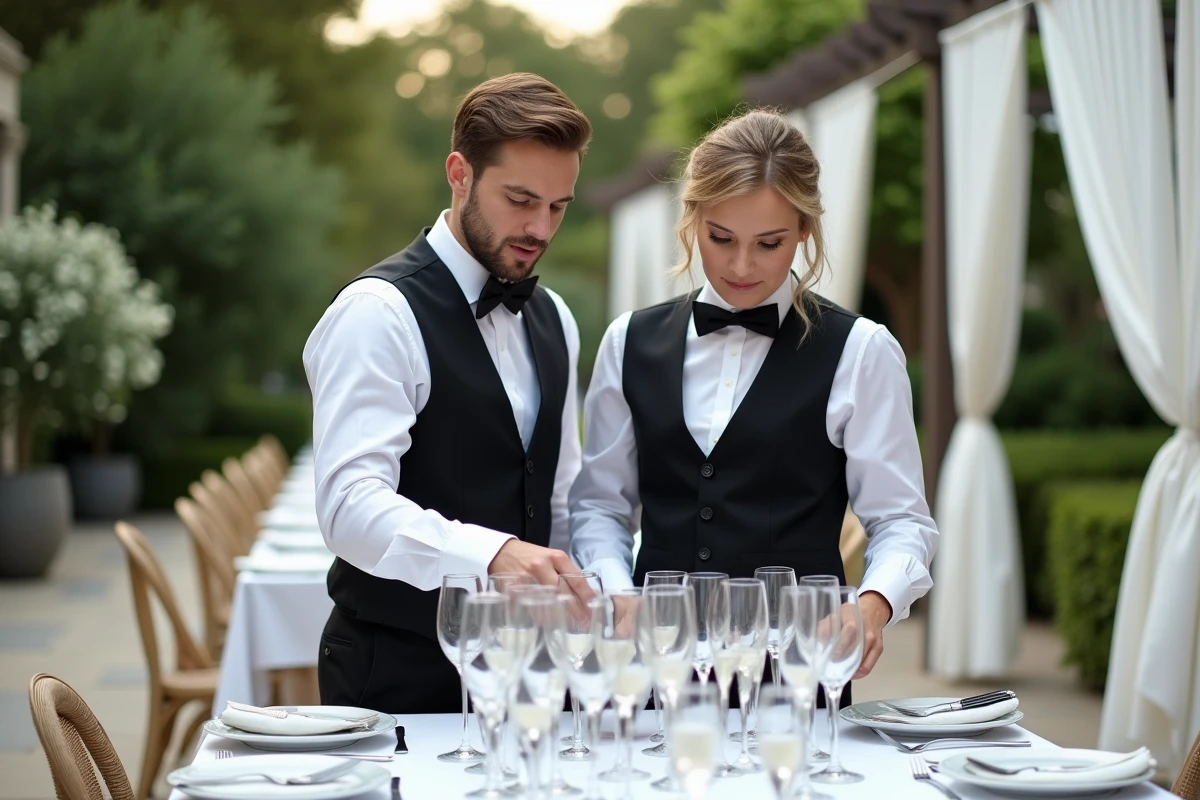 Deux sommeliers versant du champagne dans des flûtes sur une table de réception préparée pour 100 invités