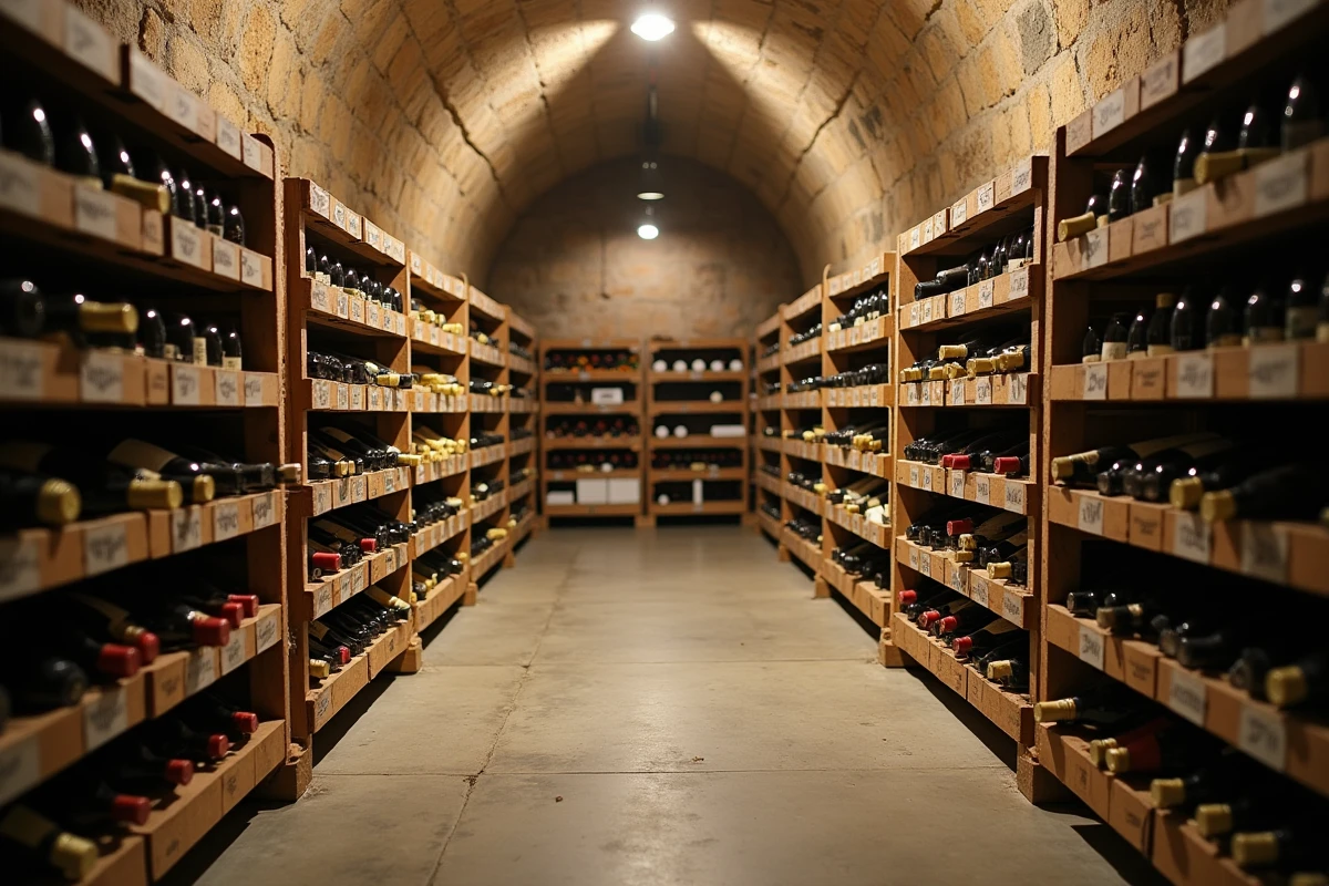 Cave à vin avec rangées de bouteilles et caisses de champagne prévues pour un événement de 100 personnes