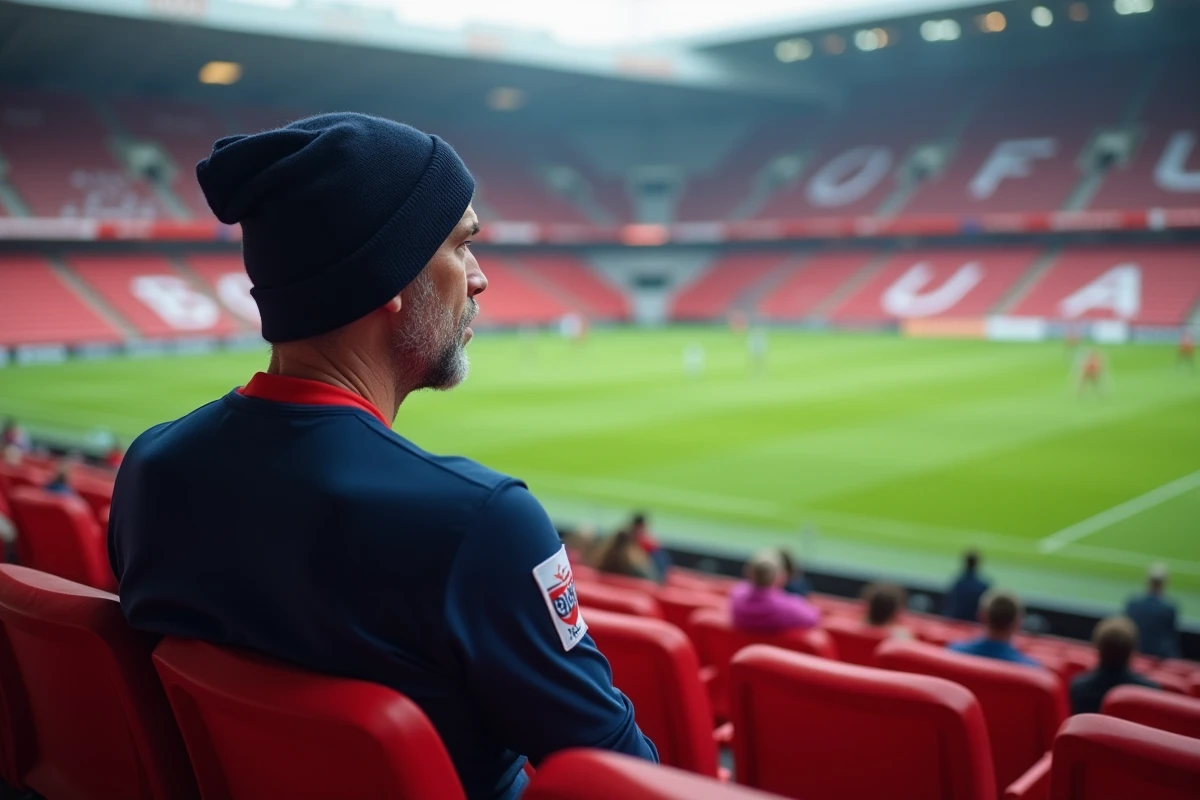 Supporter concentré assis dans un siège rouge au Parc des Princes avec vue sur la pelouse