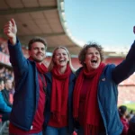 Groupe de supporters enthousiastes dans une tribune du Parc des Princes lors d'un match de football