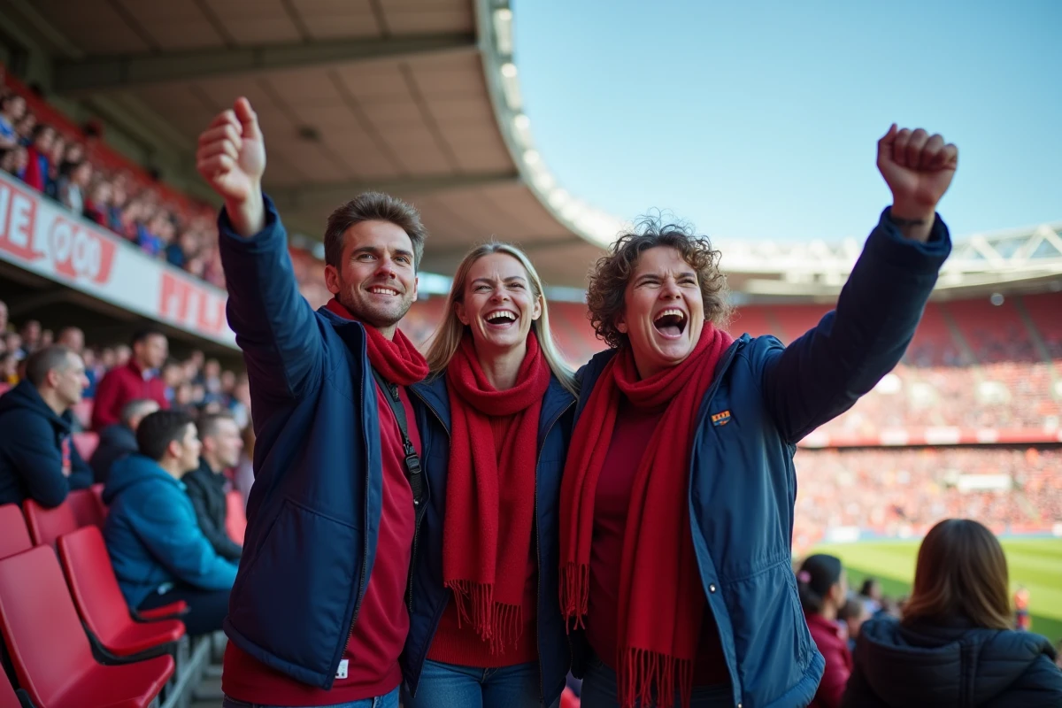 Groupe de supporters enthousiastes dans une tribune du Parc des Princes lors d'un match de football