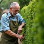 Jardinier expérimenté taillant une haie de buis avec des cisailles manuelles dans un jardin à la française