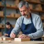 Travailleur en ESAT emballant des produits en bois dans un atelier adapté, illustrant le travail et la rémunération en établissement et service d'aide par le travail