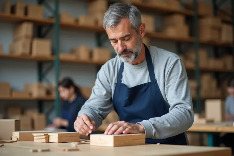 Travailleur en ESAT emballant des produits en bois dans un atelier adapté, illustrant le travail et la rémunération en établissement et service d'aide par le travail
