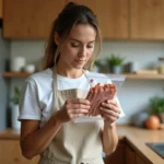 Femme en cuisine vérifiant la date de péremption d'un paquet de lardons