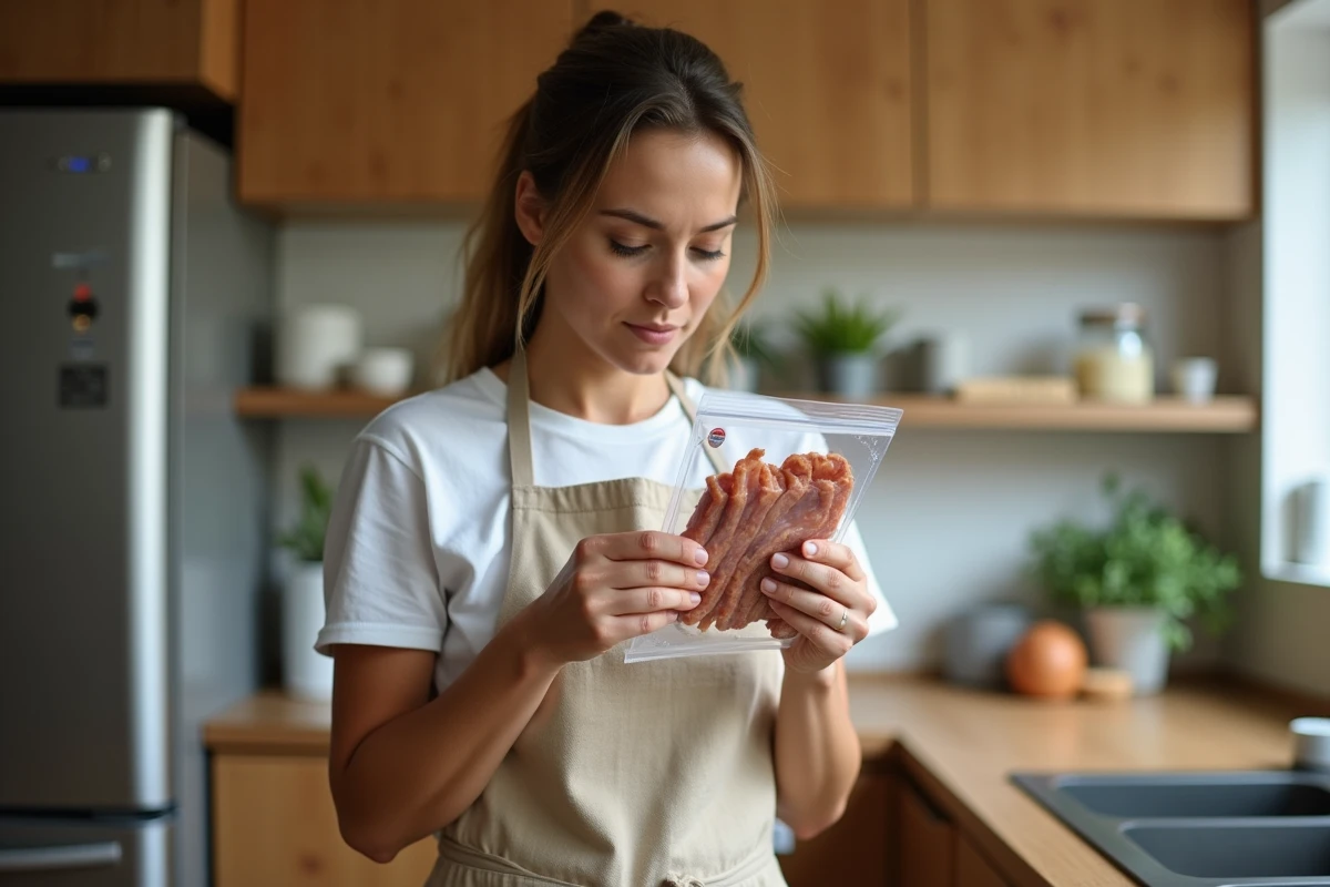 Femme en cuisine vérifiant la date de péremption d'un paquet de lardons