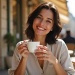 Femme brune souriante assise en terrasse de café parisien, tenant une tasse d'espresso, ambiance romantique et décontractée