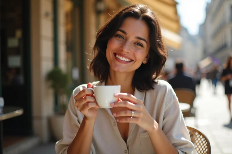 Femme brune souriante assise en terrasse de café parisien, tenant une tasse d'espresso, ambiance romantique et décontractée